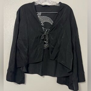 Disturbia Black Cropped Kimono Bolero Bell Sleeve Lace Trim Occult Print